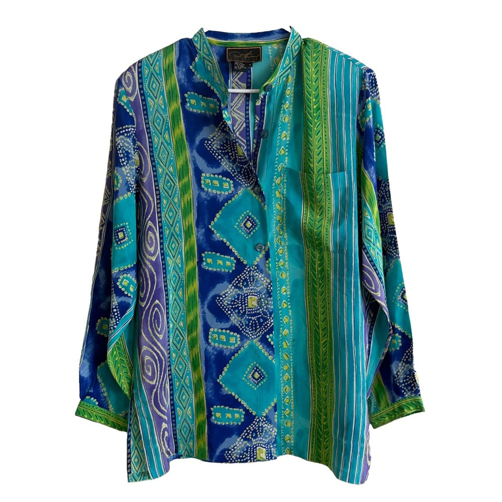 Diane Gilman 100% Silk Blue Set Medium Resort Lightweight Colorful Vacation READ
